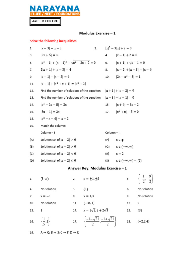 Modulus Inequalities Worksheet | PDF