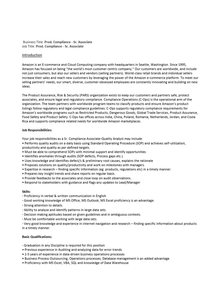 Sr.+Compliance+Associate+ Revised JD | PDF | Data | Regulatory Compliance