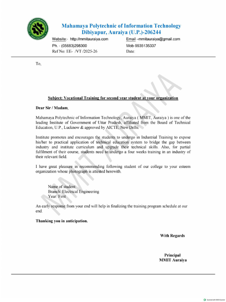 Industrial Training Letter EE 2nd Year | PDF