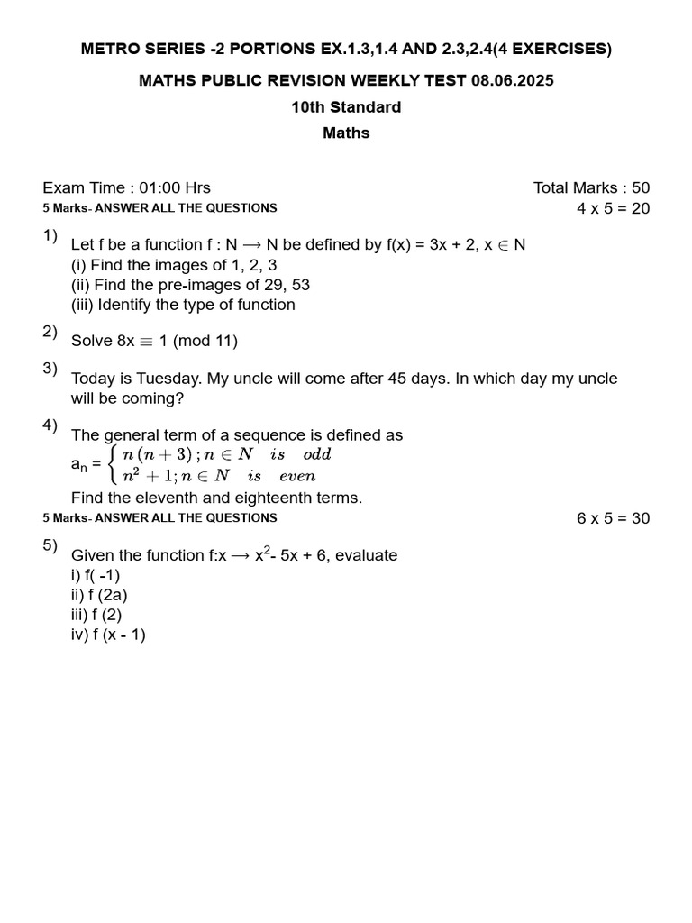 Maths Revision Test Answer Key | PDF | Function (Mathematics) | Mathematics