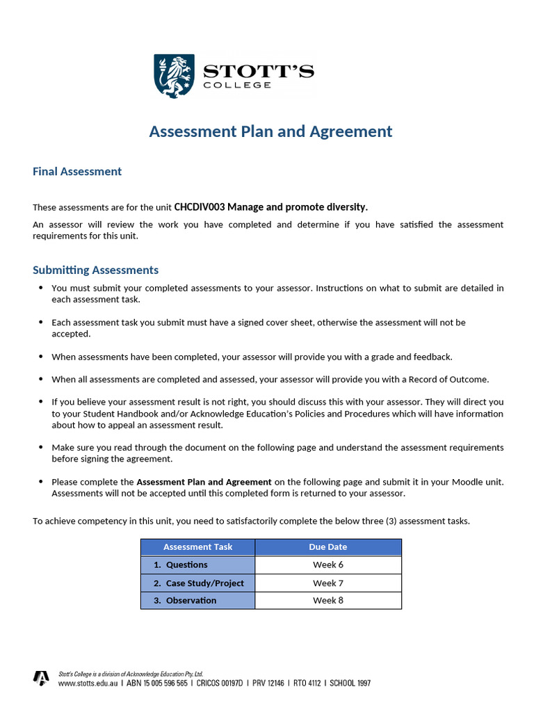 CHCDIV003 Assessment Plan Agreement | PDF | Academic Integrity