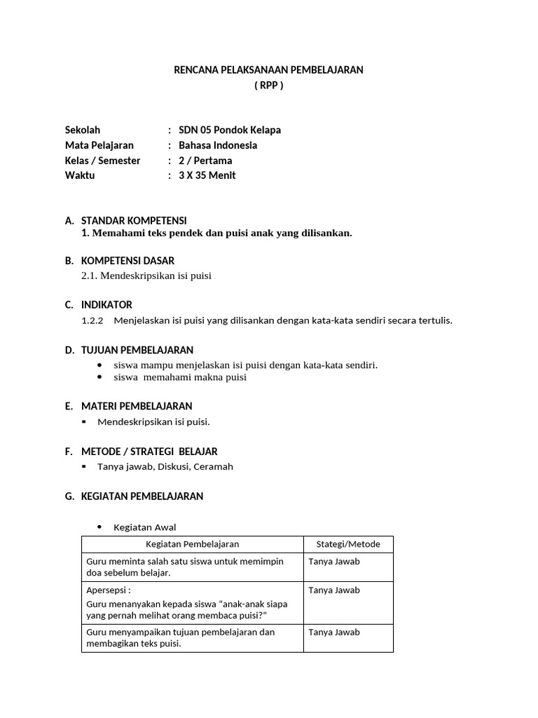 RPP Kelas 2c Bahasa Indonesia | PDF