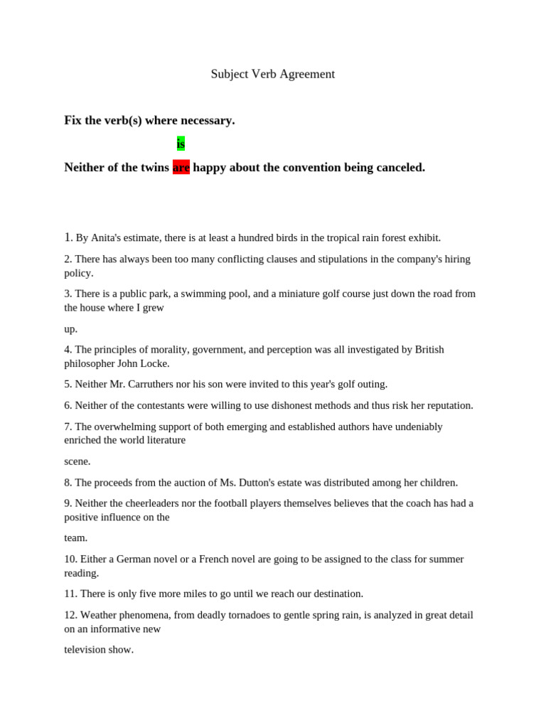 Subject-Verb Agreement Exercises | PDF