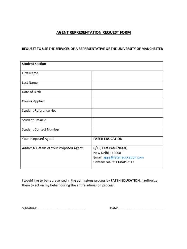 University of Manchester Agent Request Form | PDF