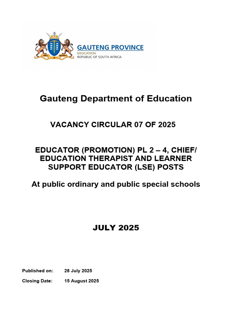 GDE Vacancy Circular 07 of 2025 | PDF | Johannesburg | Vocational Education