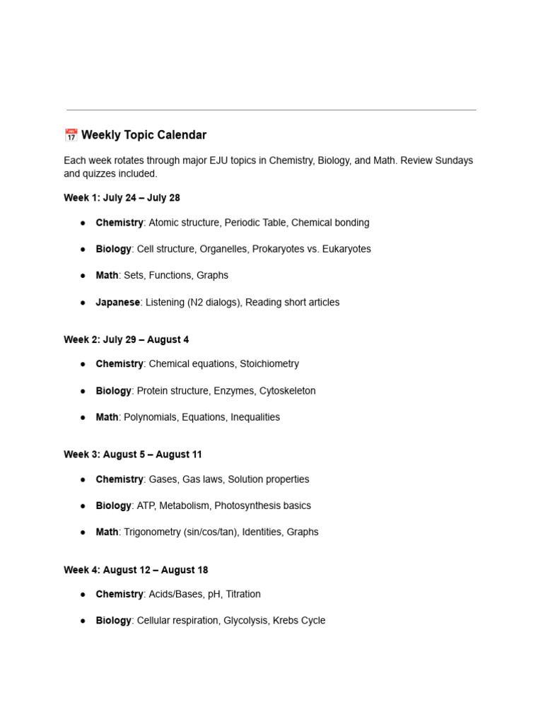 Weekly EJU Study Calendar Guide | PDF