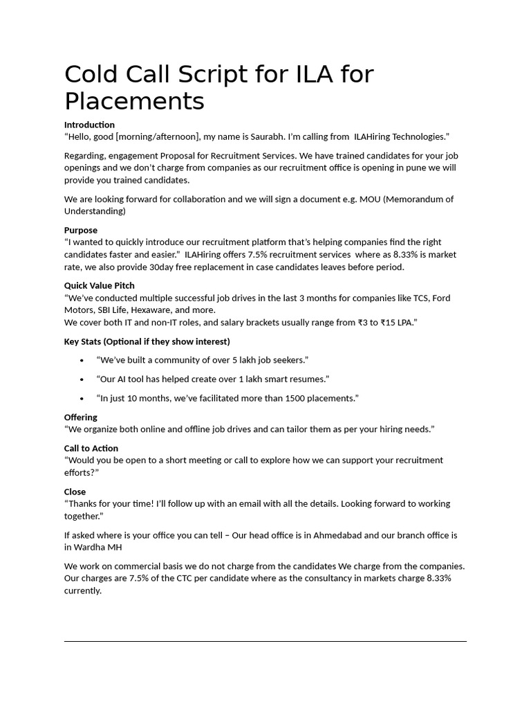 Cold Call Script for ILA Recruitment | PDF | Recruitment | Résumé