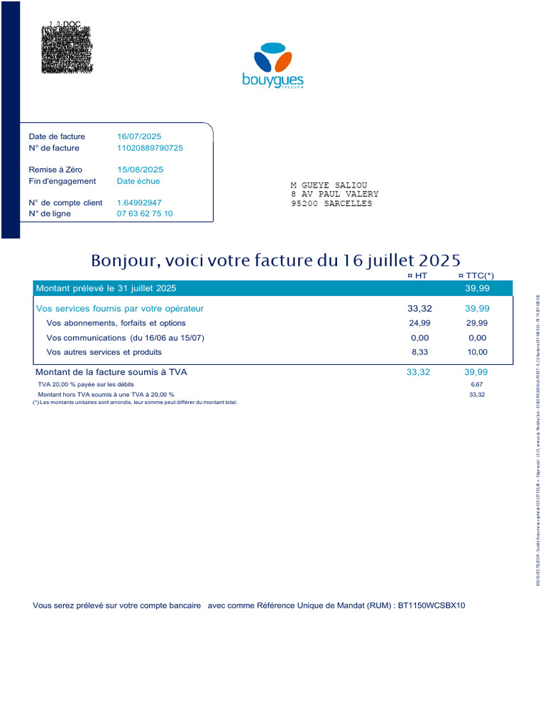 Facture Bouygues Telecom du 16 juillet 2025 | PDF | Secteurs du service ...
