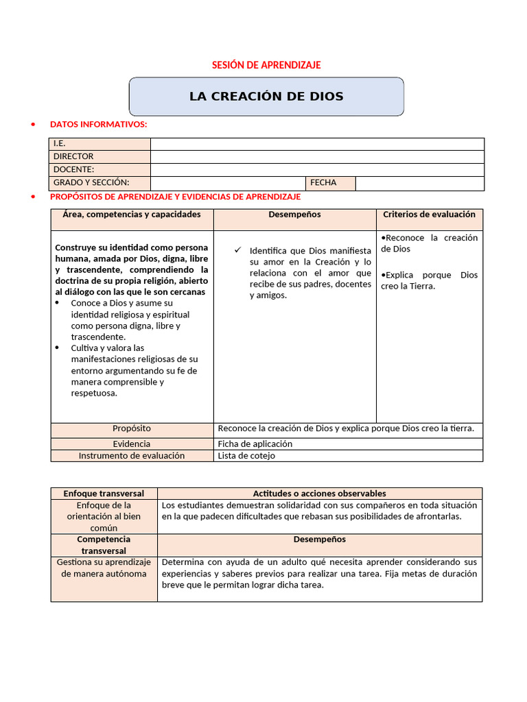 Sesion La Creacion de Dios | PDF | Aprendizaje | Dios
