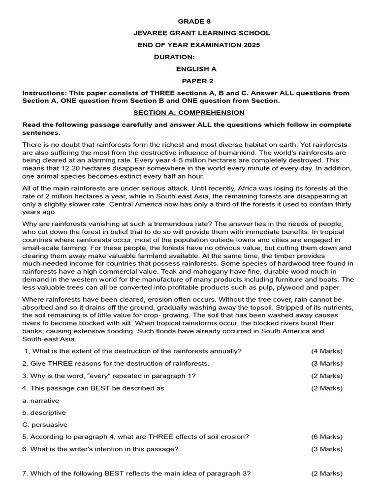 Grade 8 English Paper 2 Exam 2025 | PDF | Rainforest | Forests