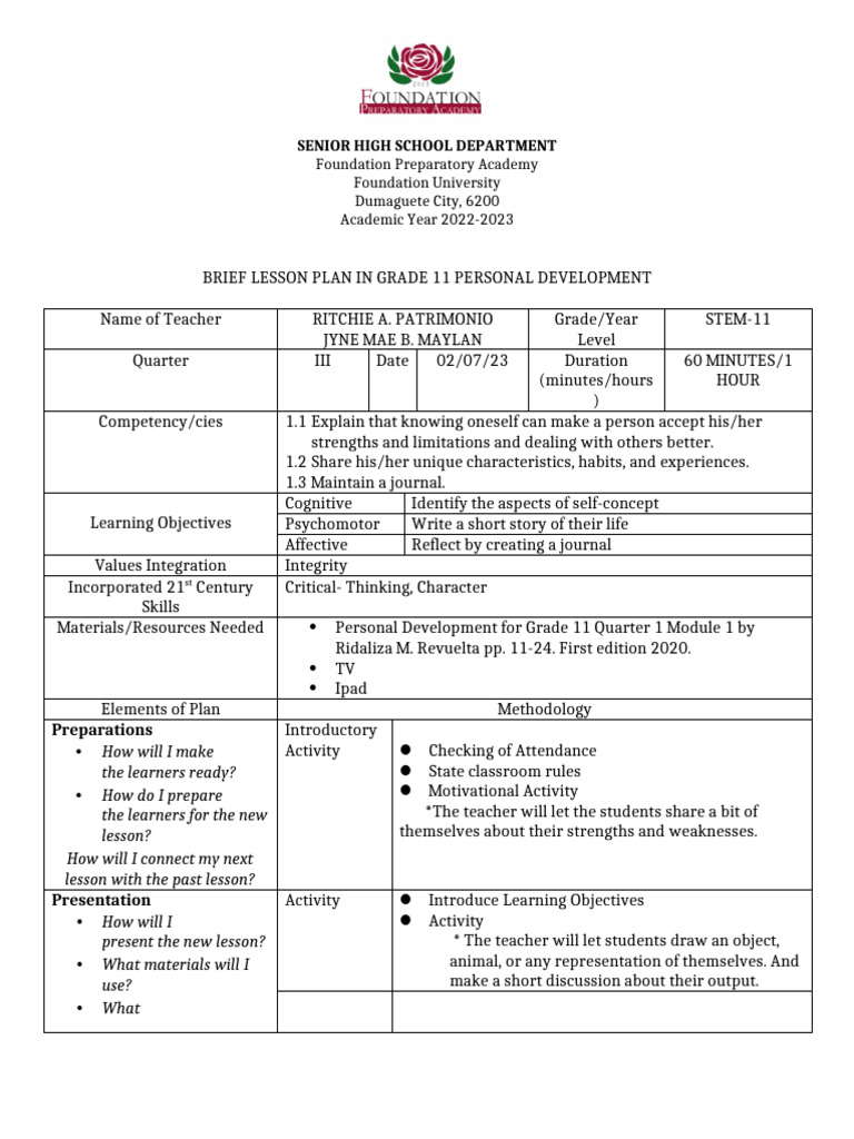 Grade 11 Personal Development Plan | PDF | Learning | Cognitive Psychology