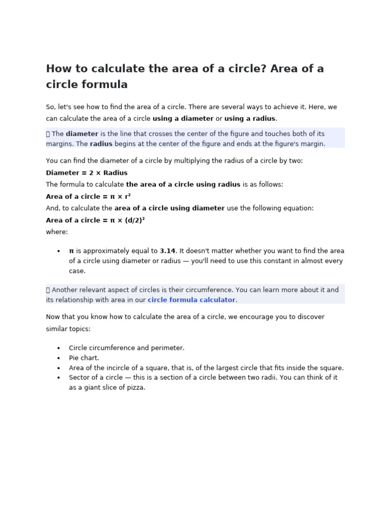 Area of a Circle Using Diameter | PDF | Circle | Area