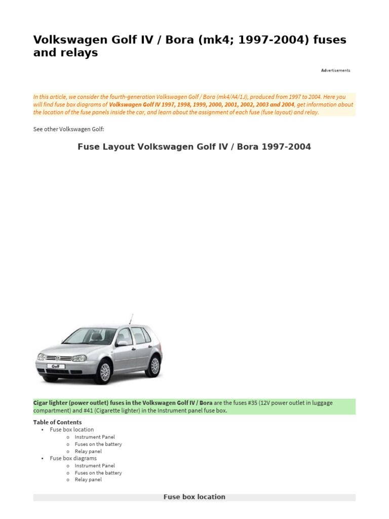 mk4 golf cigarette lighter not working VW Golf IV/Bora Fuse & Relay Diagrams | PDF | Headlamp