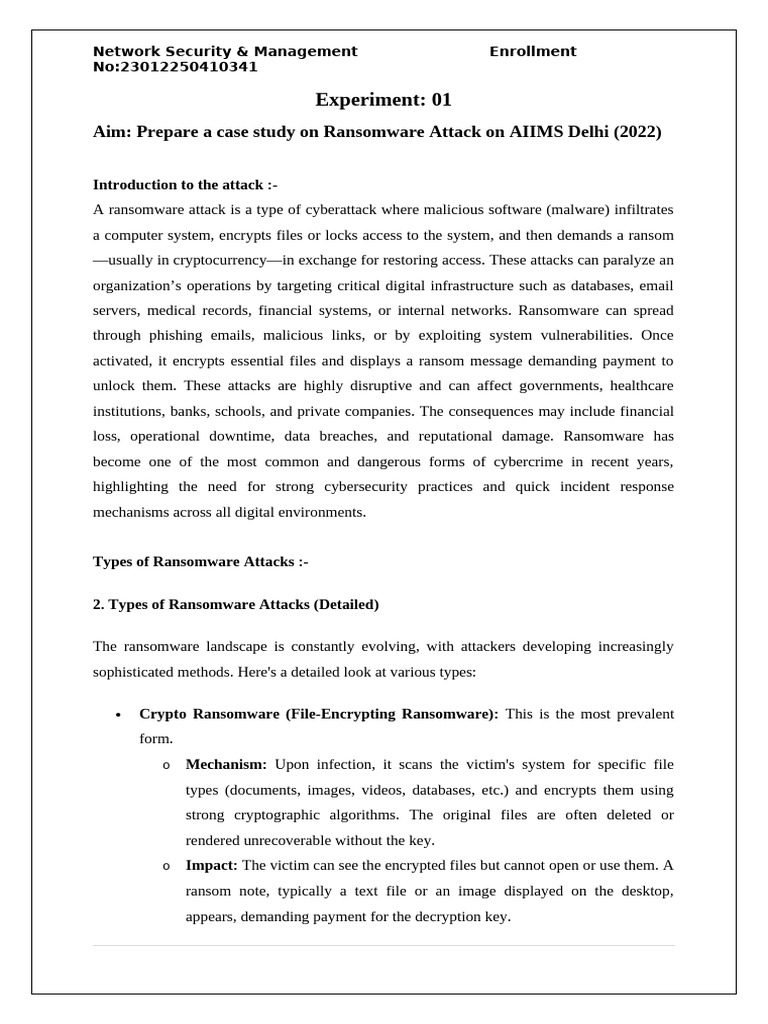AIIMS Delhi Ransomware Attack Case Study | PDF | Ransomware | Computer ...