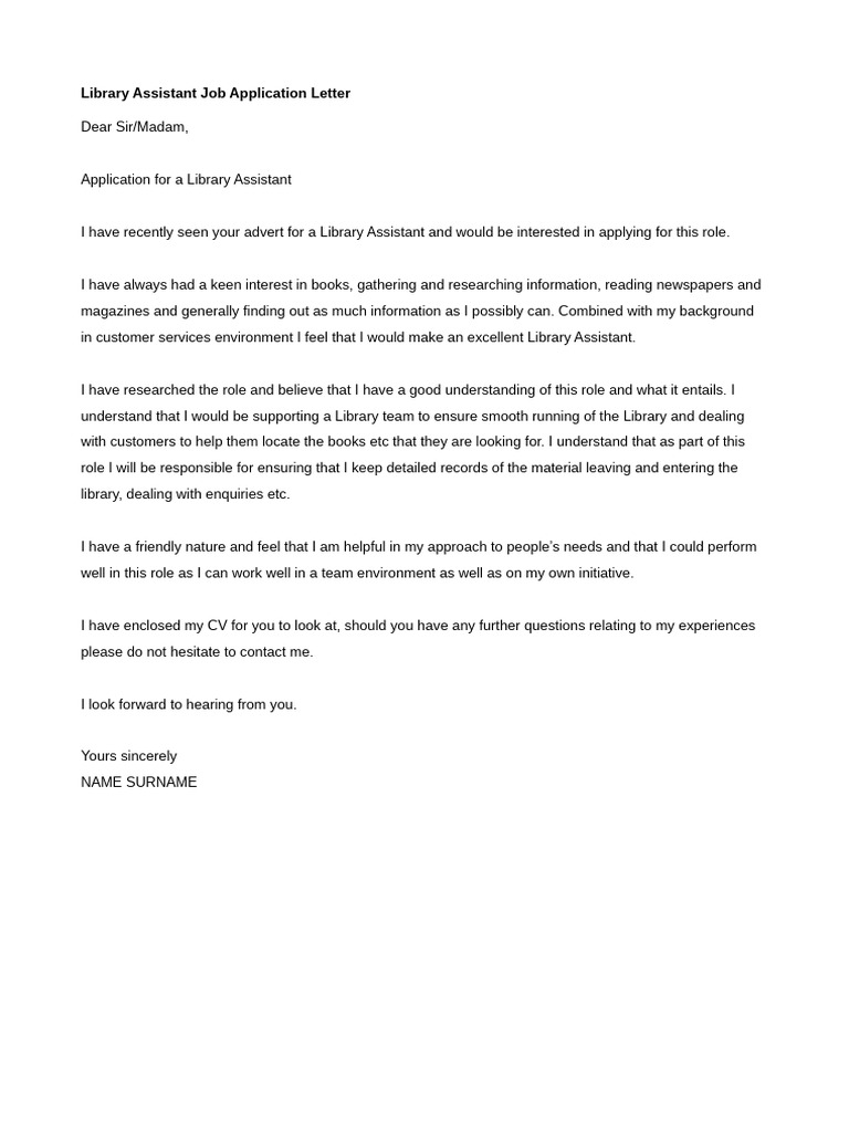 Library Assistant Application Letter | PDF