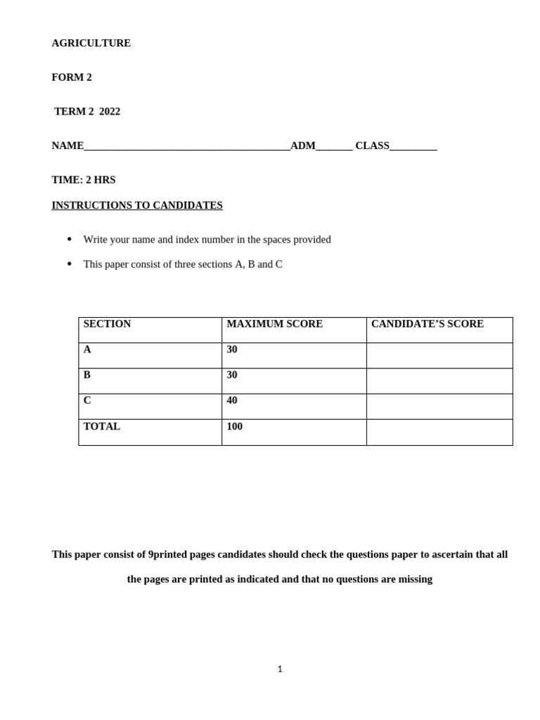 Agriculture Form 2 Term 2 Exam 2022 | PDF | Soil | Agriculture