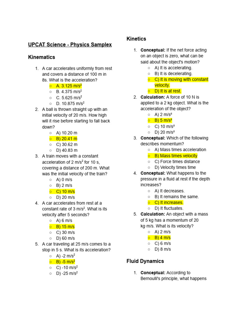 UPCAT Physics Sample Questions | PDF | Neutron | Acceleration