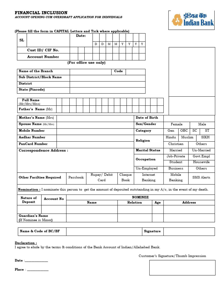 Indian Bank Account Opening Form | PDF | Banking