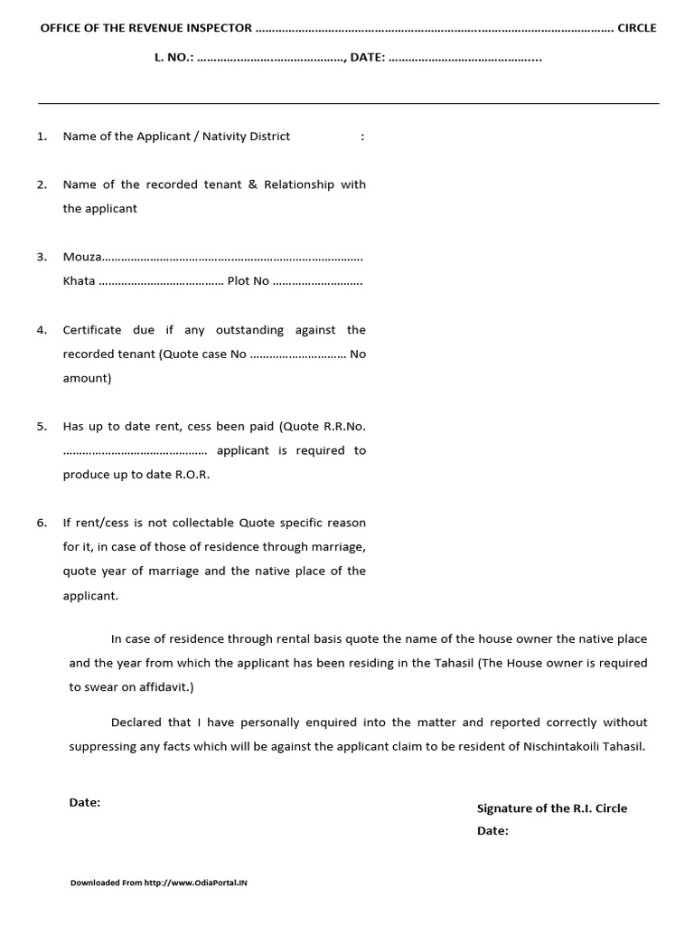 EDistrict RI Enquiry Form Resident Certificate OdiaPortal - in | PDF