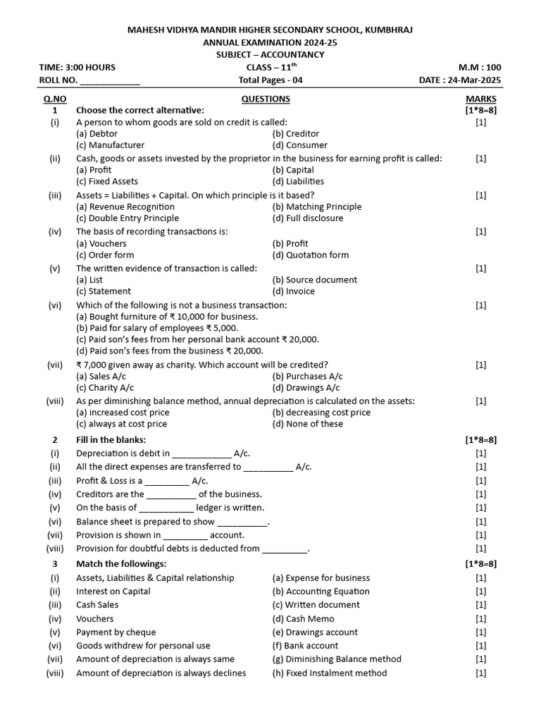 Class 11 Accountancy Exam Paper 2024-25 | PDF | Debits And Credits ...
