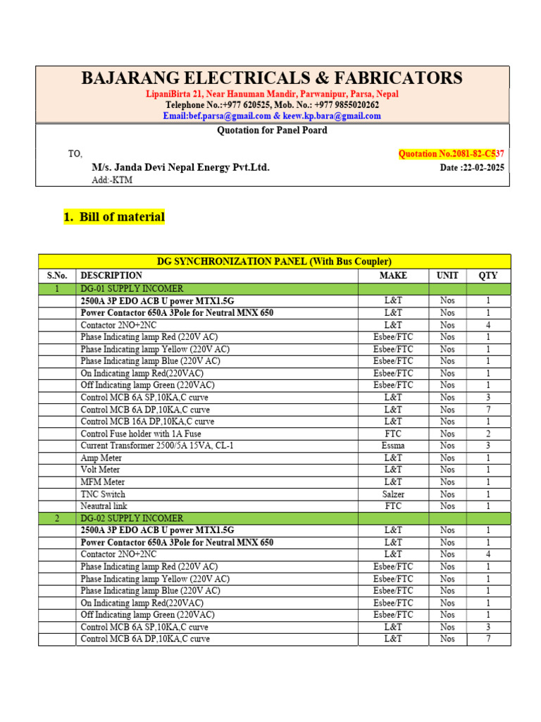 DG Synchronization Panel Quotation | PDF | Electrical Wiring | Wire