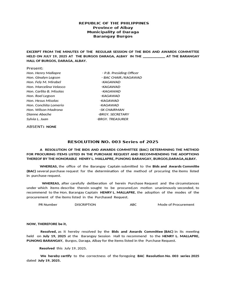 BAC Resolution on Procurement Method | PDF