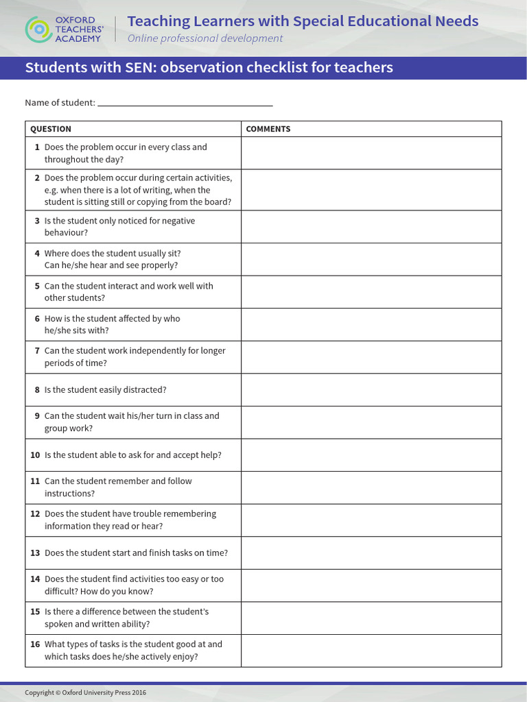 SEN Observation Checklist for Teachers | PDF