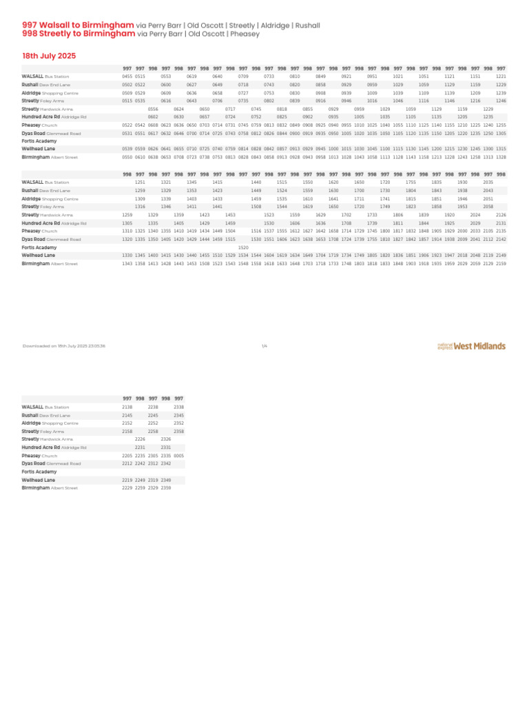 997 and 998 Bus Timetables | PDF