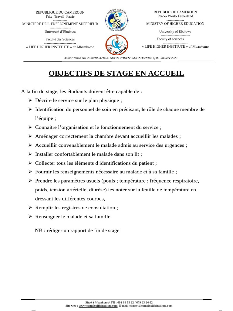 Objectifs de stage en accueil médical | PDF