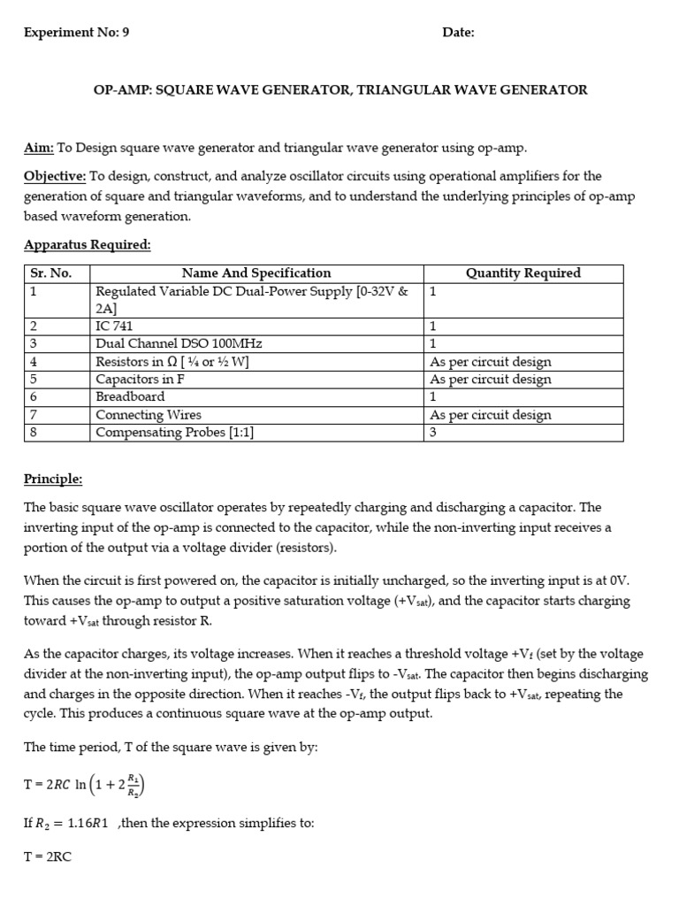 OP-AMP Square and Triangular Wave Generators | PDF | Operational ...