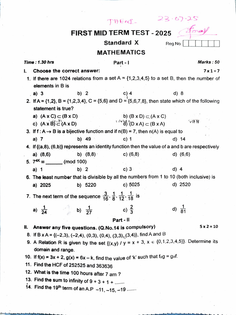 10th Grade Maths Mid-Term Exam 2025 | PDF