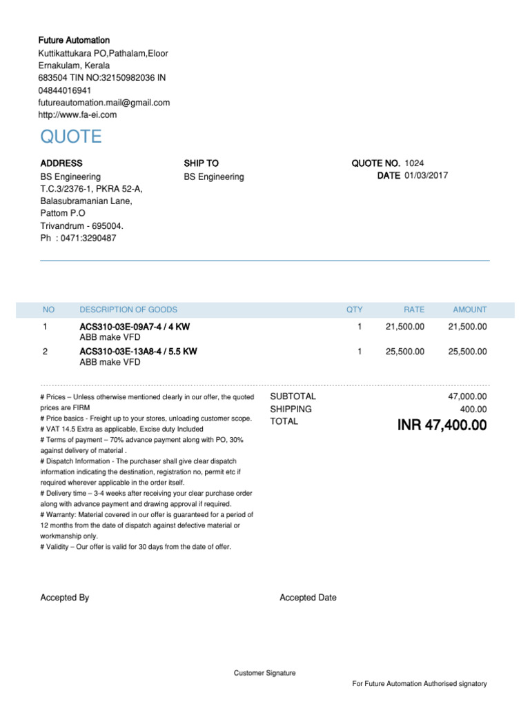 Customer Quote for ABB VFDs | PDF