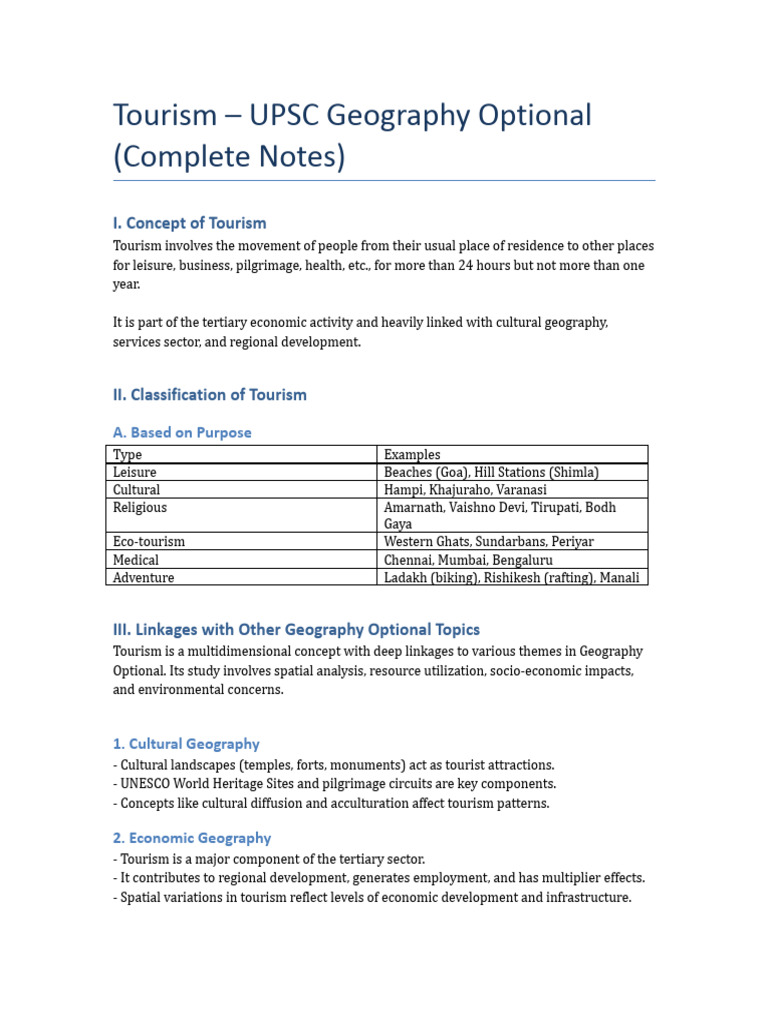 UPSC Geography: Tourism Notes | PDF | Tourism | Economies