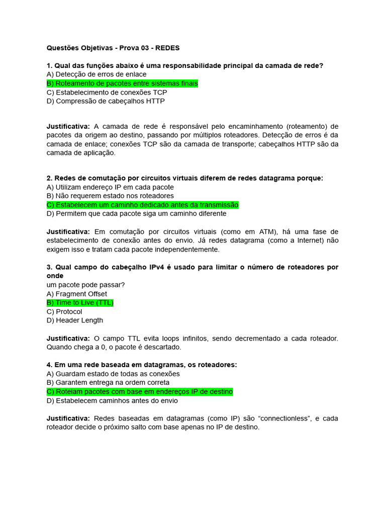 Questões de Redes para Prova 03 | PDF | Rede de computadores | Roteamento