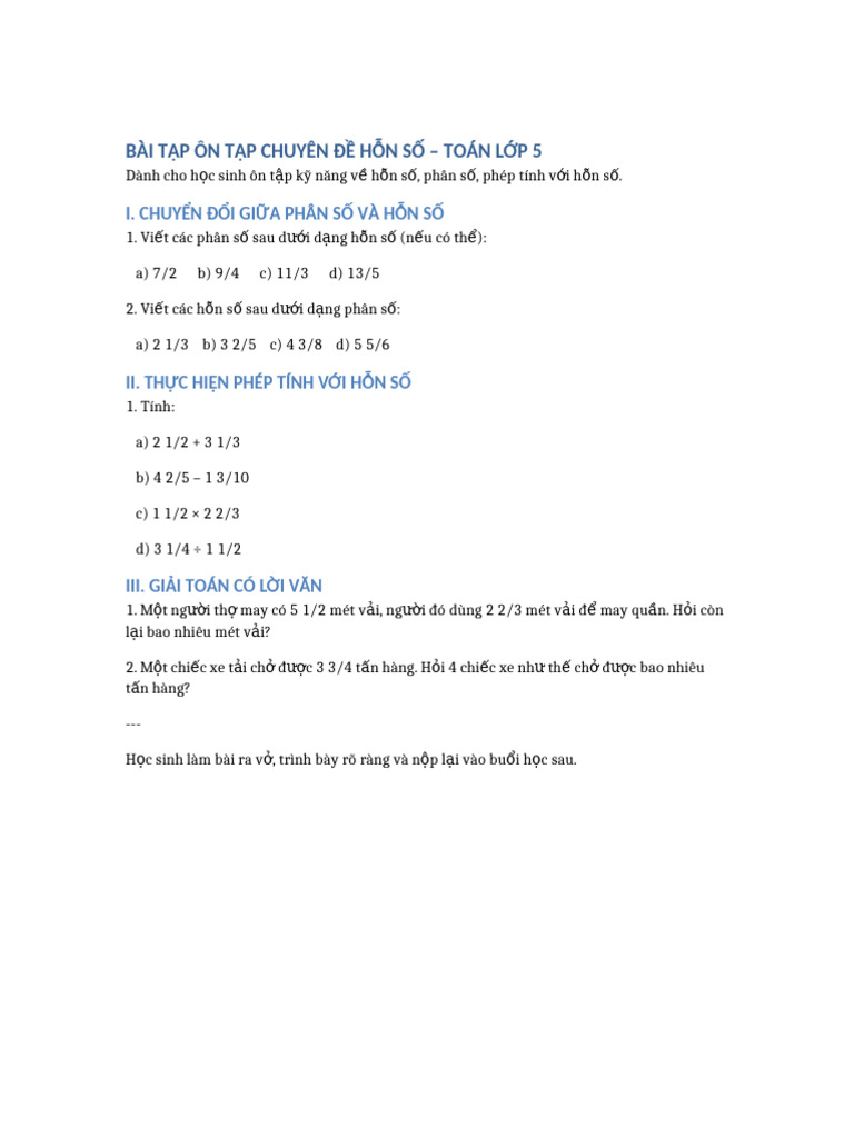 Bai Tap On Tap Hoon So Lop 5 | PDF