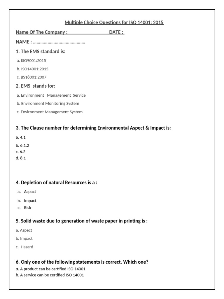 ISO 14001:2015 MCQ Exam Guide | PDF