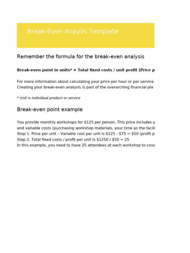 Break-Even Analysis Template Guide | PDF | Business | Pricing