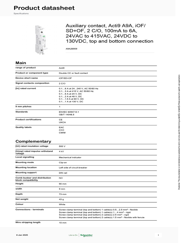 Acti9 A9A26909 Auxiliary Contact Specs | PDF | Alternating Current ...