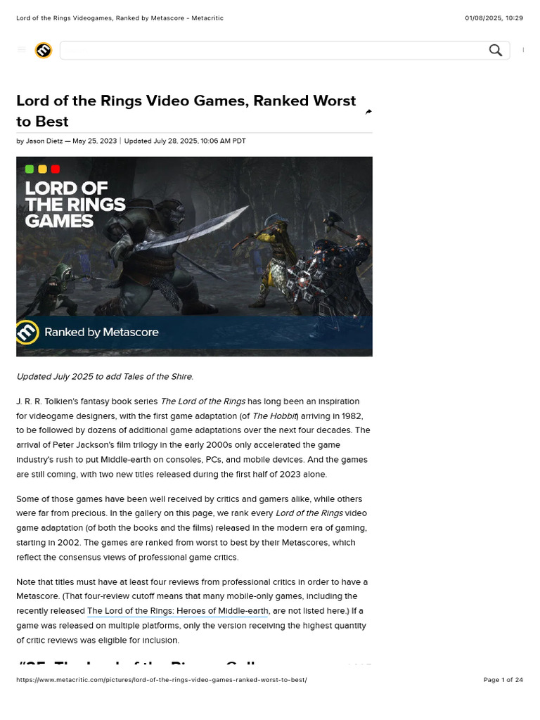 LOTR Video Games Ranked by Metascore | PDF | The Lord Of The Rings ...