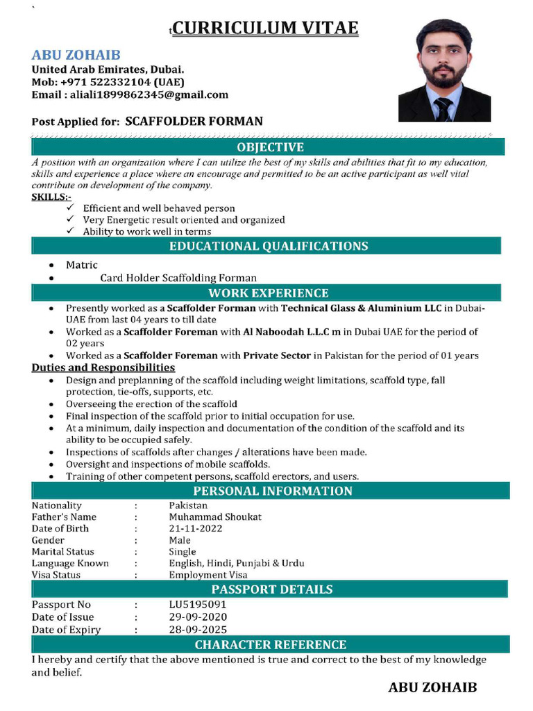 Abu Zohaib Scaffolder Forman | PDF
