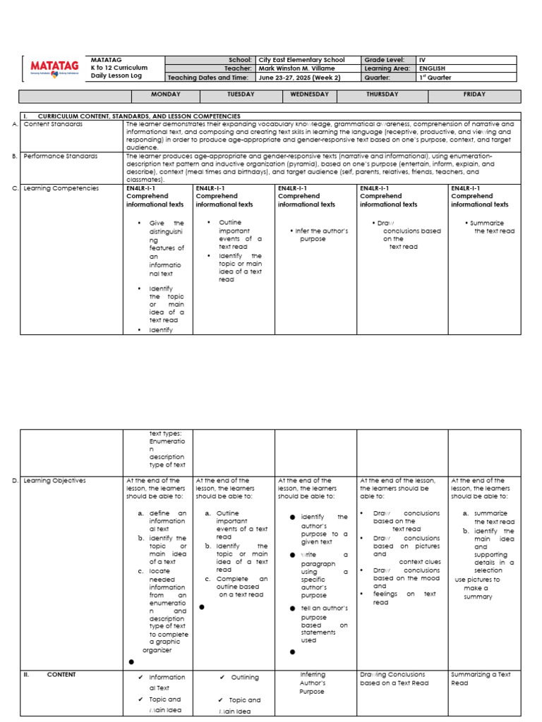 English 4 Daily Lesson Log: Week 2 | PDF | Curriculum | Reading ...