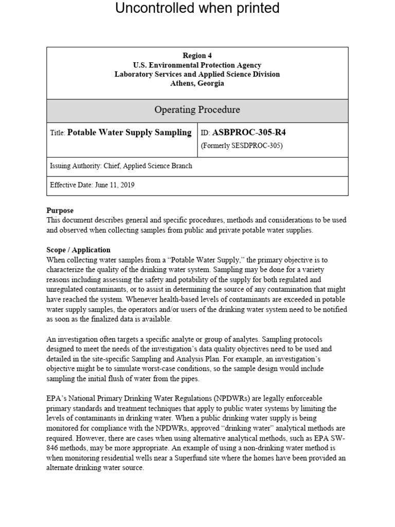 Potable Water Supply Sampling Guidelines | PDF | Drinking Water | Tap ...