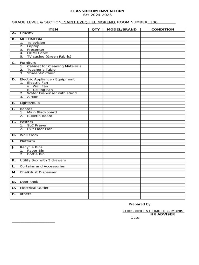 Classroom Inventory List 2024-2025 | PDF