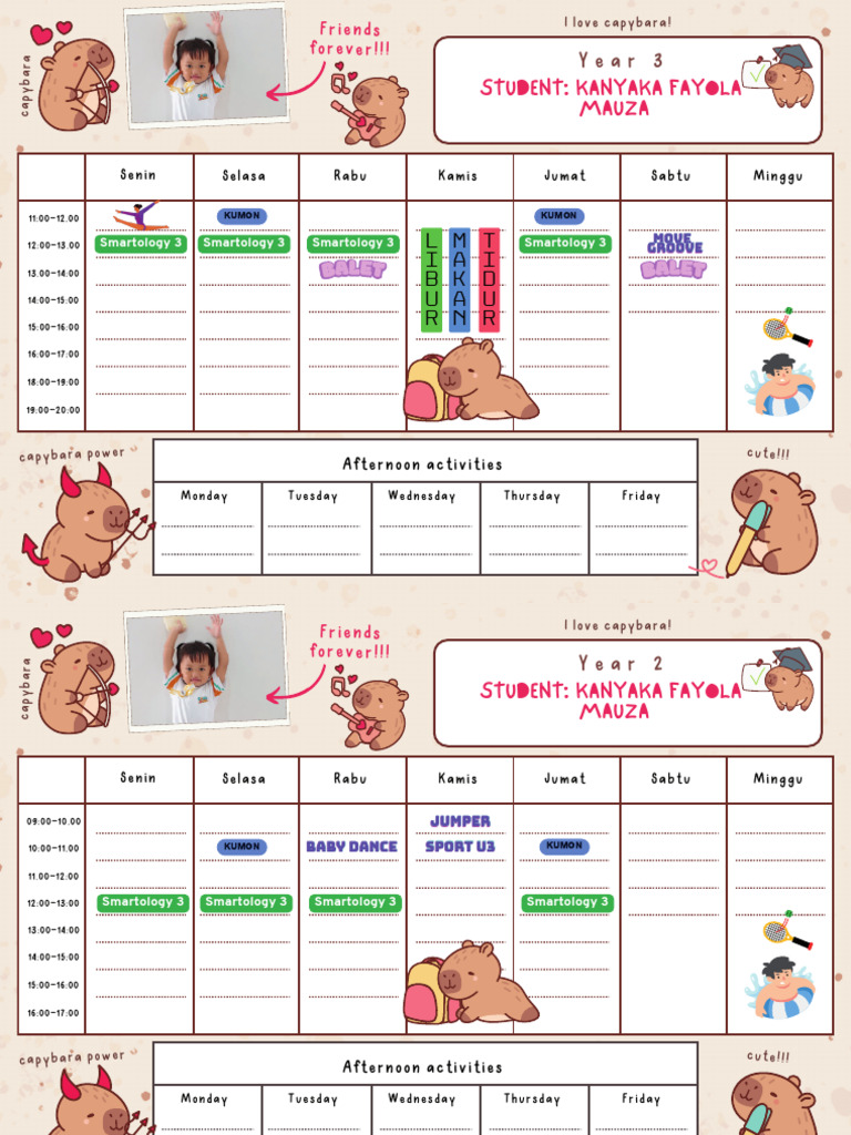 Cute Kawaii Capybara Class Schedule School Timetable A4 | PDF
