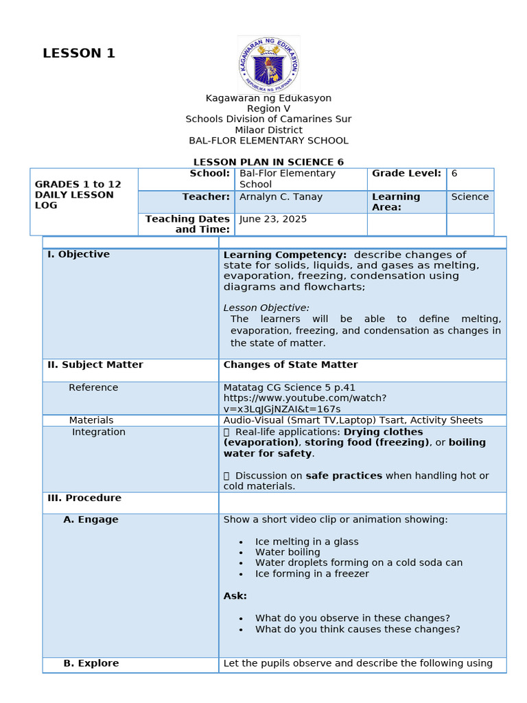 Lesson Plan in Science 6 q1 w1 | PDF | Evaporation | Water