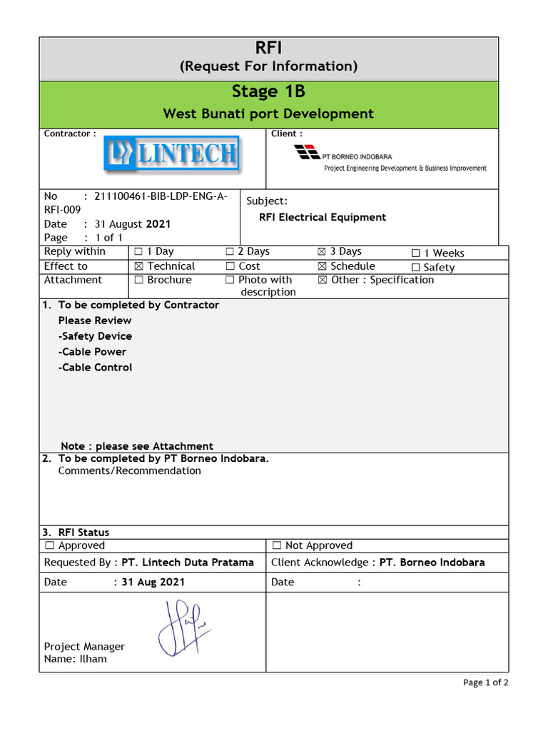 RFI for Electrical Equipment at Bunati Port | PDF | Electrical ...
