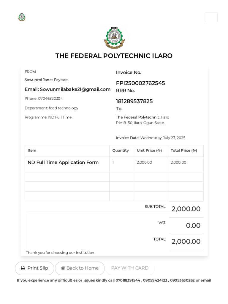 Invoice - The Federal Polytechnic Ilaro | PDF