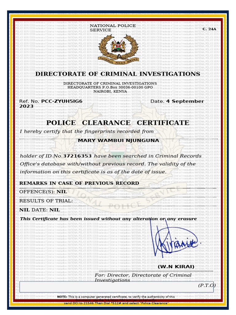 Police Clearance Certificate for Mary Njunguna | PDF