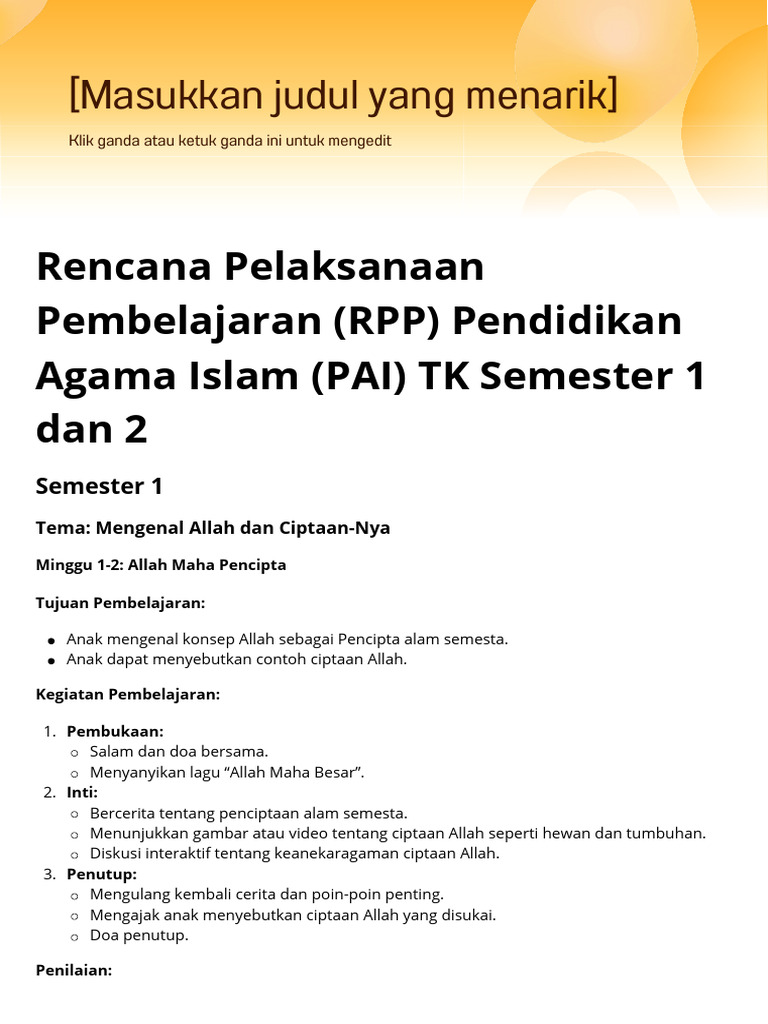 RPP PAI TK Semester 1 dan 2 | PDF