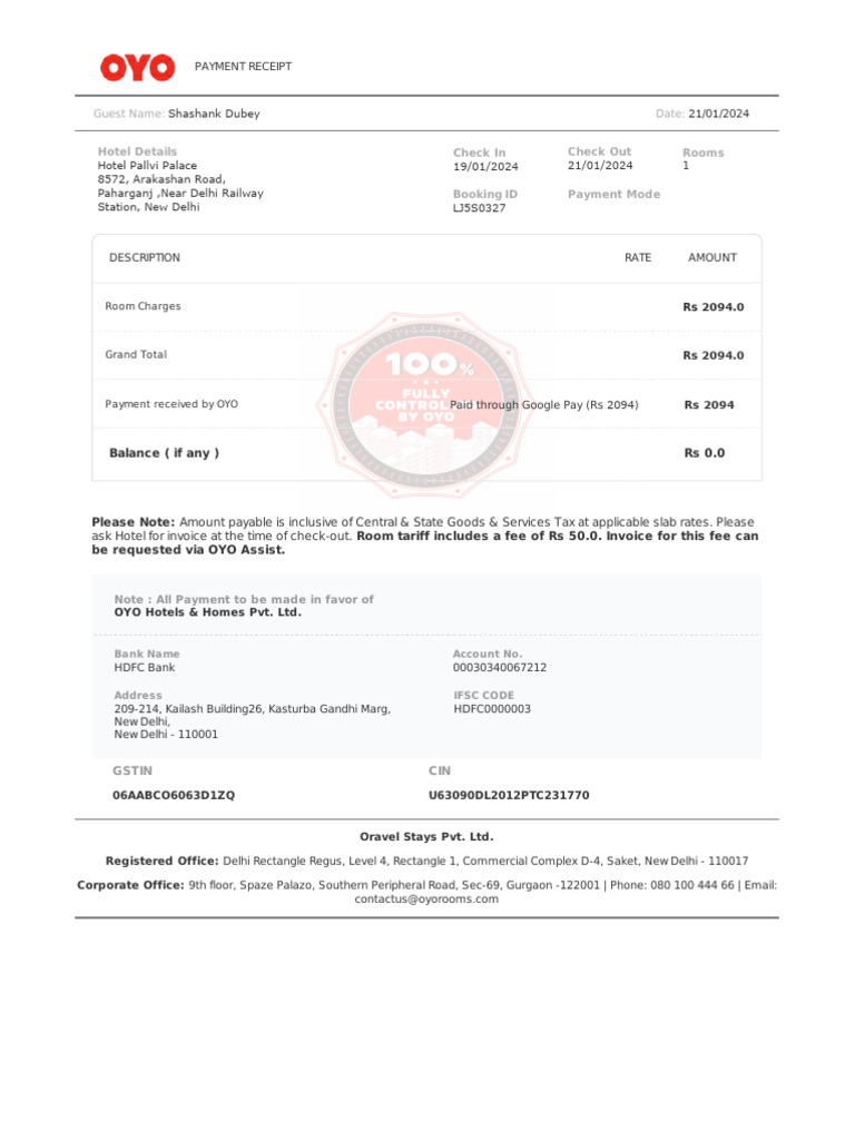 OYO Hotel Payment Receipt Details | PDF